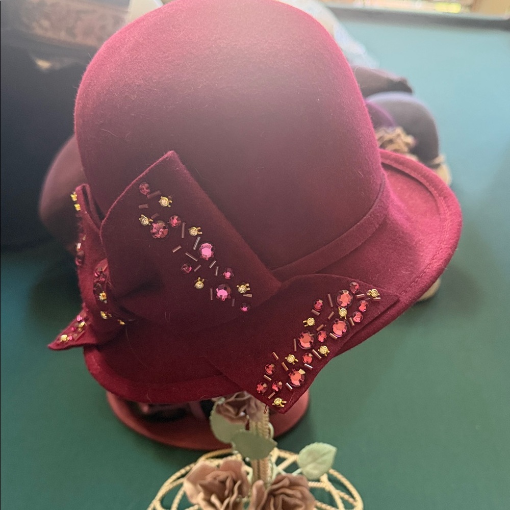 Chic Burgundy Women's Hat with Floral Accents